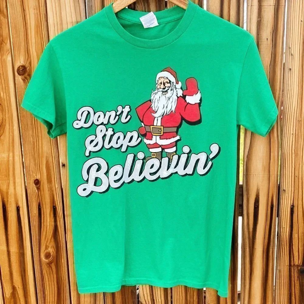 Journey Don't Stop Believen' Santa Short Sleeve Shirt Green Size Small